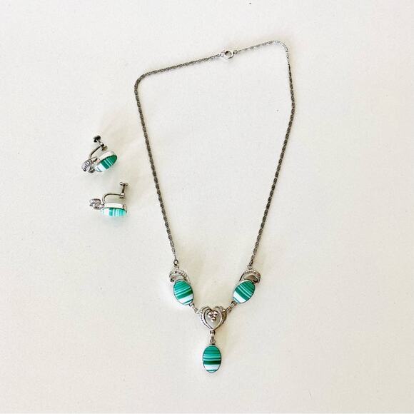 VINTAGE Silver White Turquoise Clip On Screw Earrings Pendant Necklace Jewelry - Picture 2 of 8